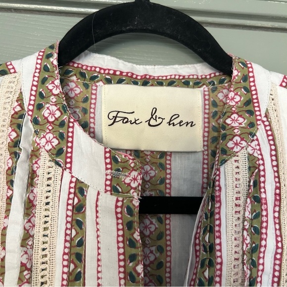 Block Print Lace Long Sleeve Mandarin Collar Blouse Ruffled - Picture 2 of 5